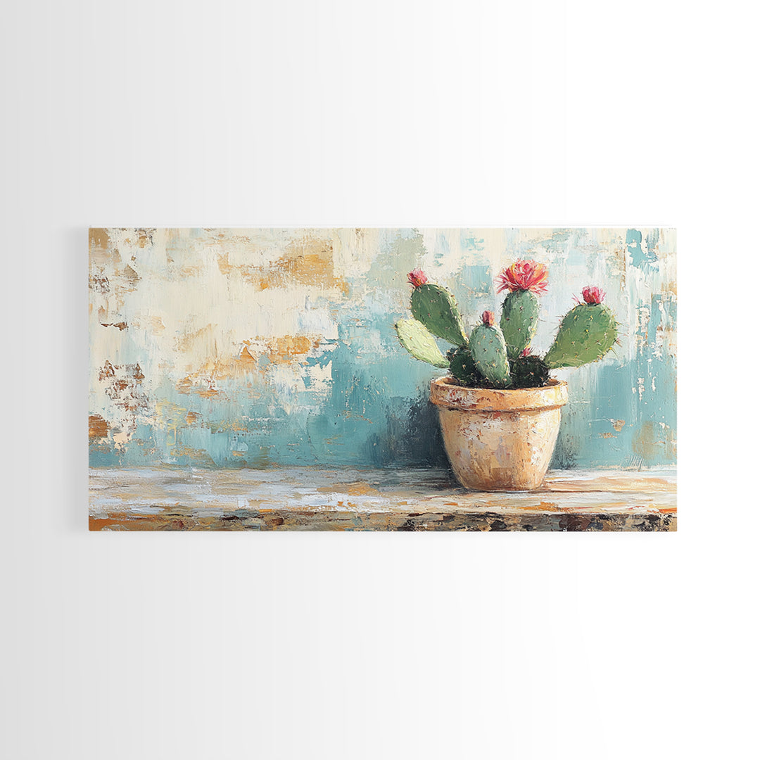 Potted Prickly Pear Cactus With Pink Flowers Canvas Print, Desert Wall Art, Southwest Decor, Botanical Kitchen Decor Gift