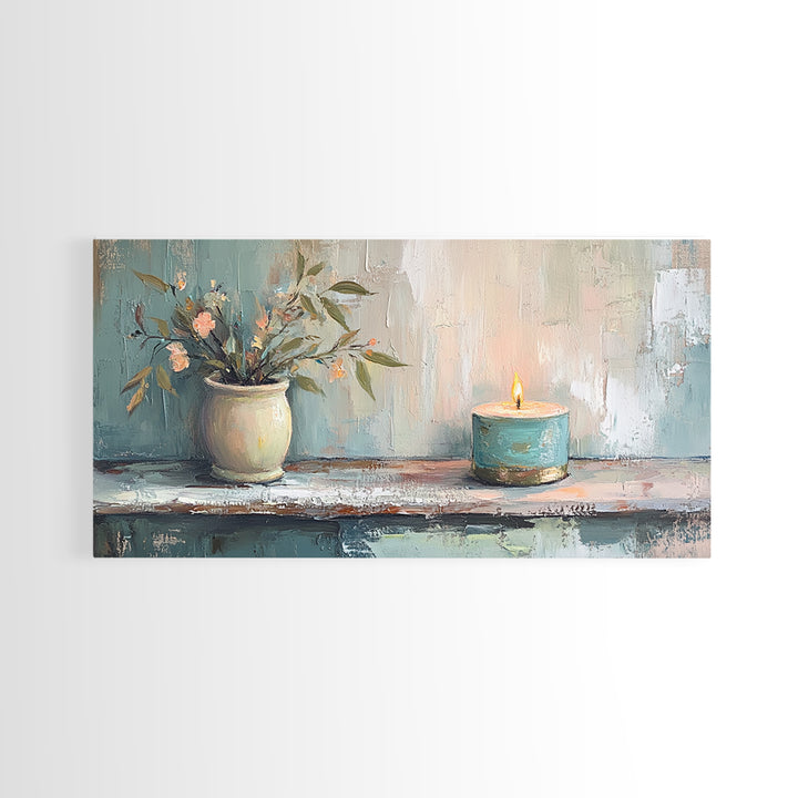 Potted Olive Plant And Candle Canvas Print, Spa Wall Art, Zen Home Decor, Calming Neutral Bathroom Decor Housewarming Gift