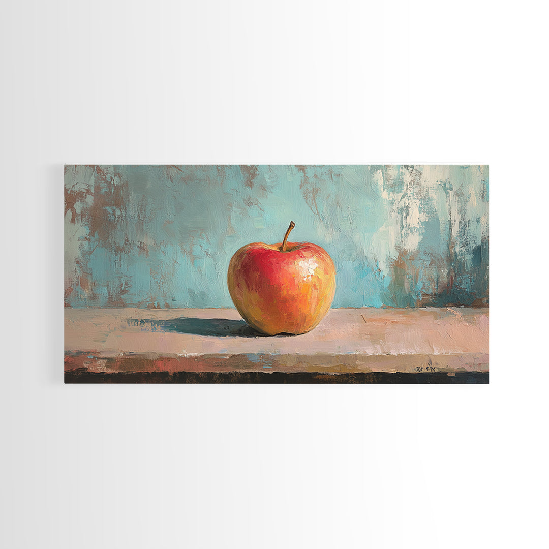 Single Red Apple Still Life Canvas Print, Kitchen Wall Art, Rustic Farmhouse Decor, Minimalist Foodie Gift For Chef Or Baker