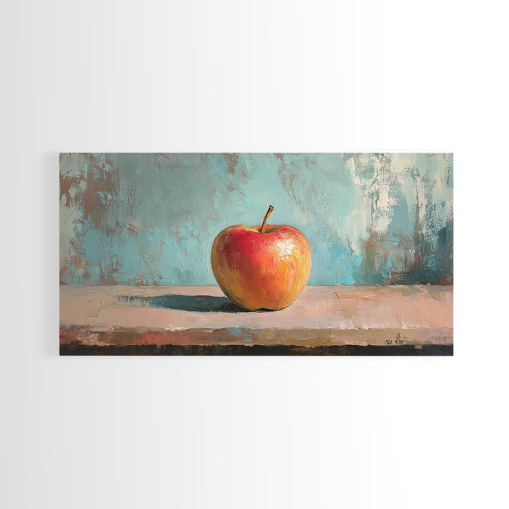 Single Red Apple Still Life Canvas Print, Kitchen Wall Art, Rustic Farmhouse Decor, Minimalist Foodie Gift For Chef Or Baker