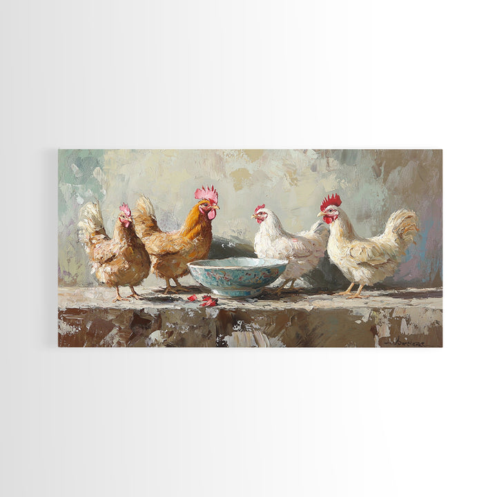 Rustic Farm Chickens And Blue Bowl Wall Art, Farmhouse Canvas Print, Country Kitchen Decor, Animal Wall Art, Housewarming Gift