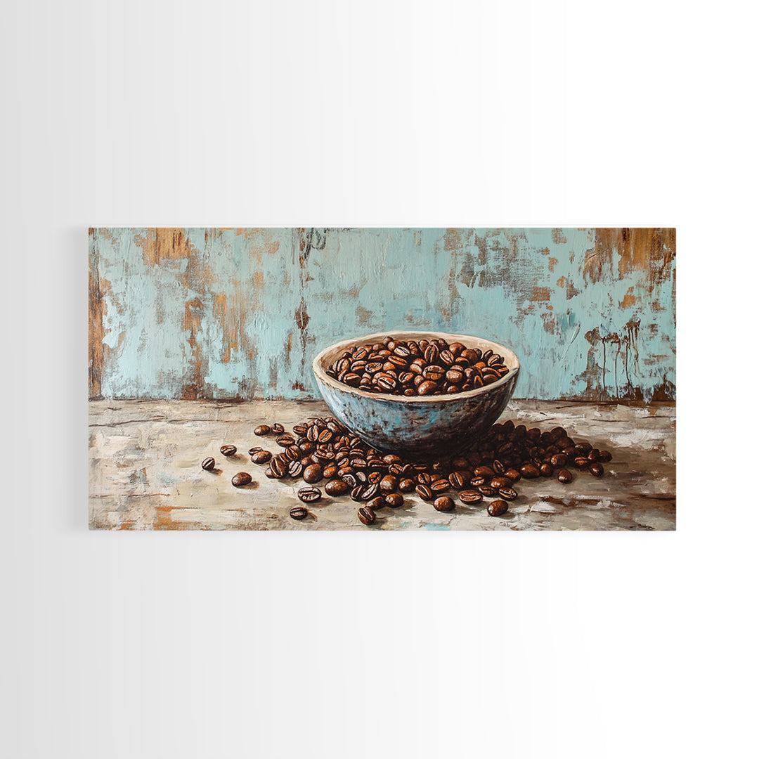 Coffee Beans In Weathered Blue Bowl Wall Art, Coffee Bar Canvas Print, Rustic Kitchen Decor, Cafe Wall Art, Gift For Coffee Lover