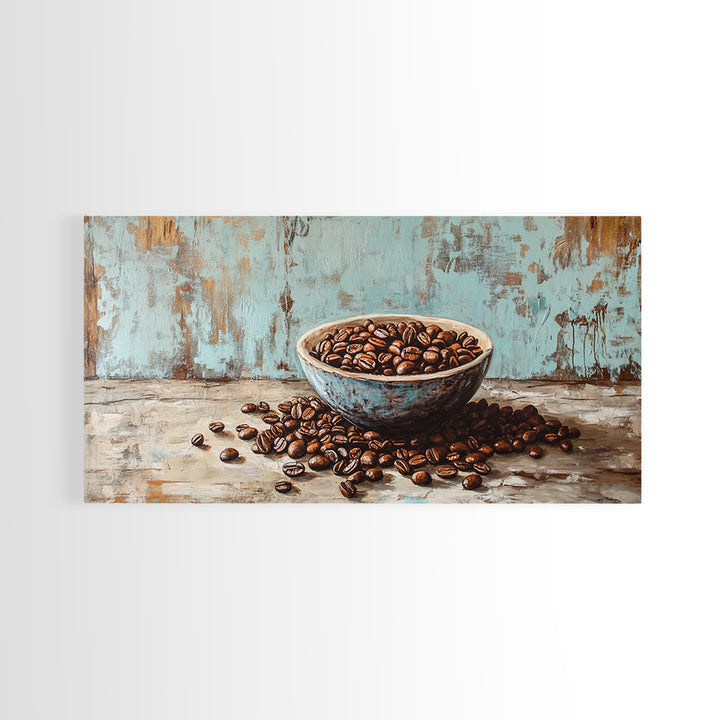 Coffee Beans In Weathered Blue Bowl Wall Art, Coffee Bar Canvas Print, Rustic Kitchen Decor, Cafe Wall Art, Gift For Coffee Lover