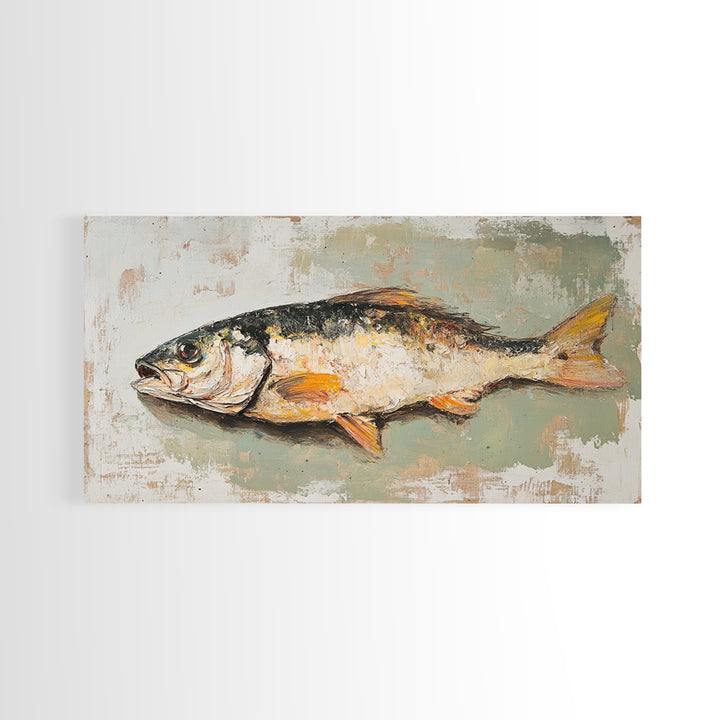 Rustic Fish Still Life Canvas Print, Coastal Kitchen Wall Art, Seafood Wall Decor, Nautical Home Decor For Lake House Gift