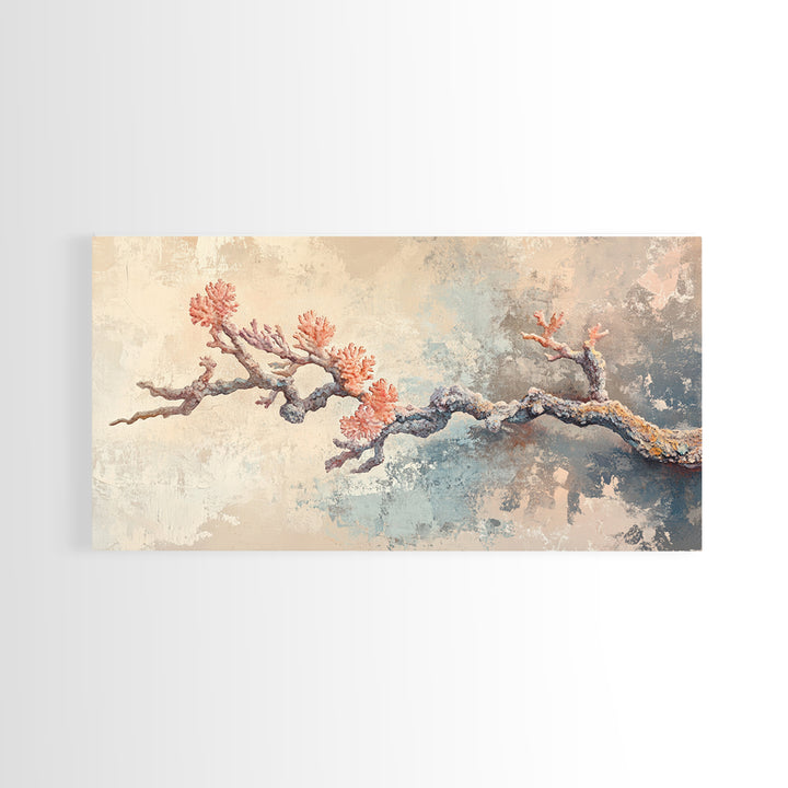 Pink Coral Branch Coastal Wall Art, Textured Ocean Art Print, Beach House Decor, Serene Neutral Canvas Print, Nautical Wall Decor