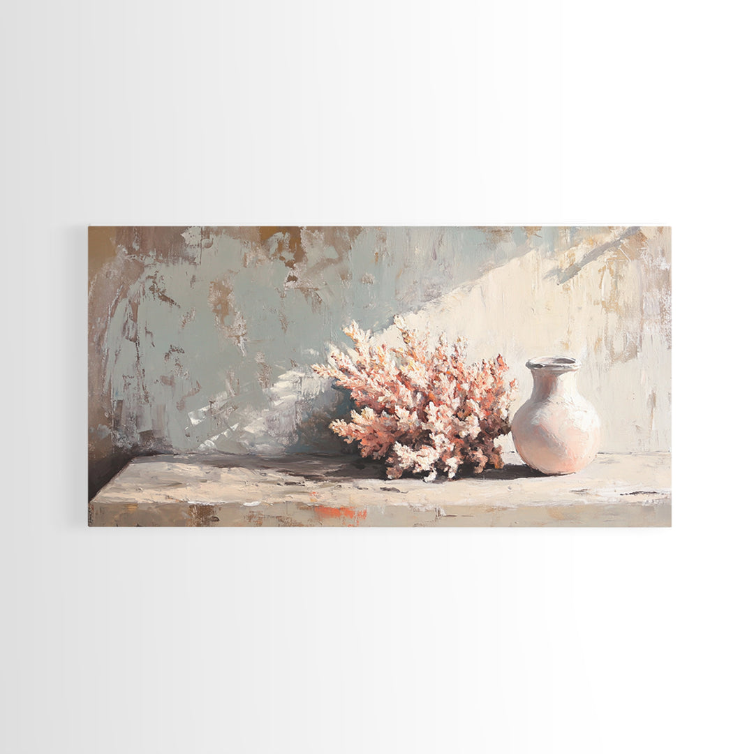 Soft Coral Bouquet And Ceramic Vase Wall Art, Coastal Still Life Print, Neutral Beach House Decor, Modern Home Decor Gift