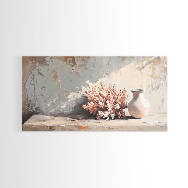 Soft Coral Bouquet And Ceramic Vase Wall Art, Coastal Still Life Print, Neutral Beach House Decor, Modern Home Decor Gift