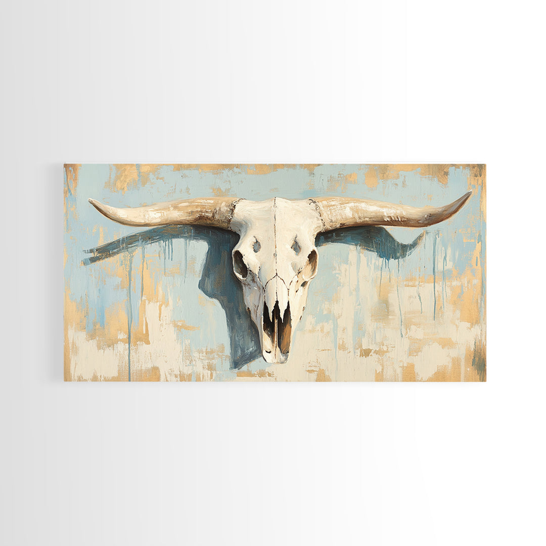 Longhorn Skull On Rustic Blue Plaster Wall Art, Western Ranch Decor, Southwestern Home Decor, Cowboy Canvas Art Print Gift