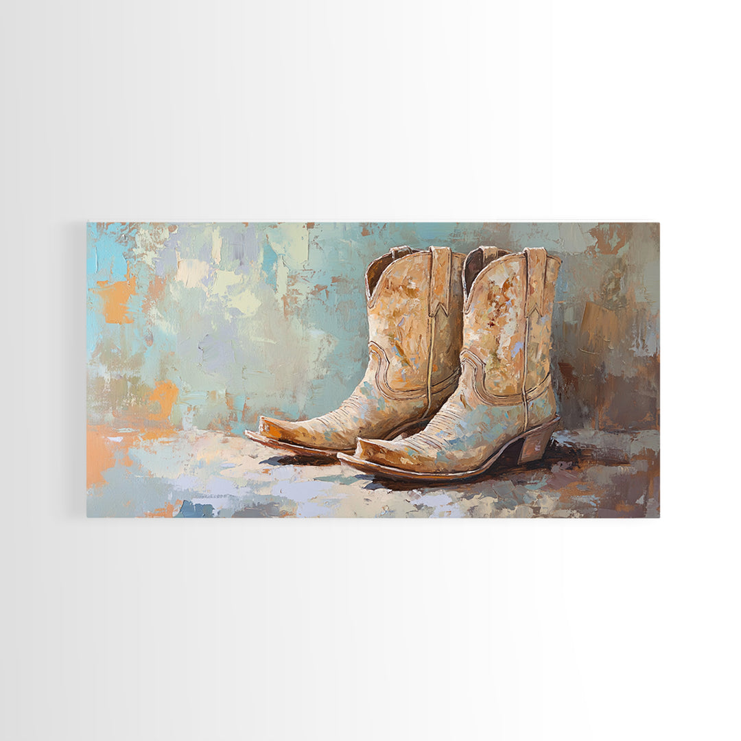 Weathered Cowboy Boots On Textured Blue Canvas Print, Western Wall Decor, Rustic Ranch Home Decor, Cowgirl Gift For Her Art