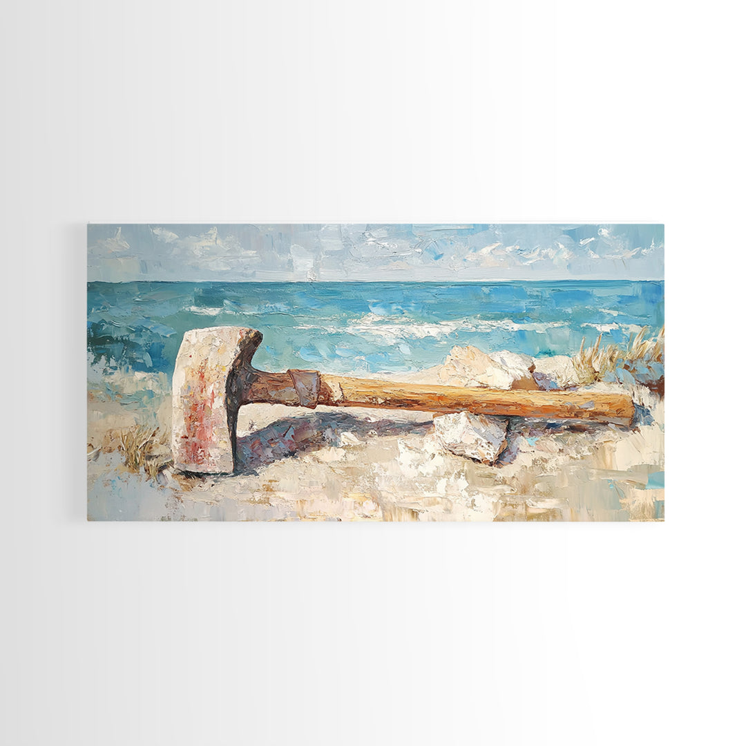 Weathered Axe On Sandy Beach Canvas Print, Coastal Wall Art, Nautical Home Decor, Rustic Seaside Ocean Landscape Gift For Him