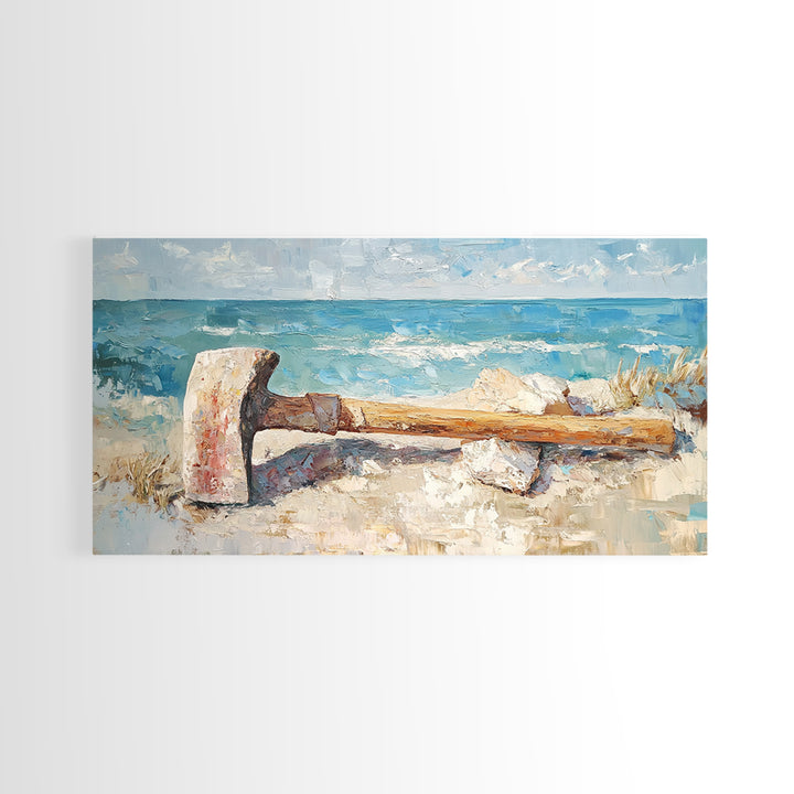 Weathered Axe On Sandy Beach Canvas Print, Coastal Wall Art, Nautical Home Decor, Rustic Seaside Ocean Landscape Gift For Him