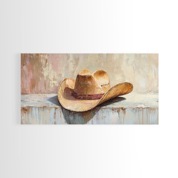 Worn Cowboy Hat On Rustic Shelf Wall Art, Western Home Decor, Cowgirl Wall Decor, Ranch Housewarming Gift, Canvas Print Idea