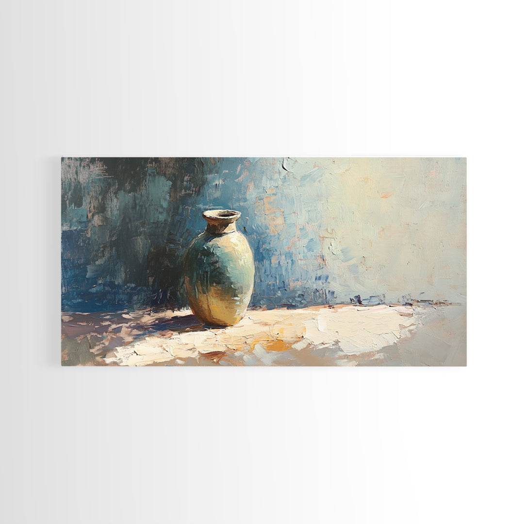 Single Ceramic Vase In Sunlit Blue Abstract Wall Art, Minimalist Home Decor, Still Life Painting, Modern Office Decor Gift