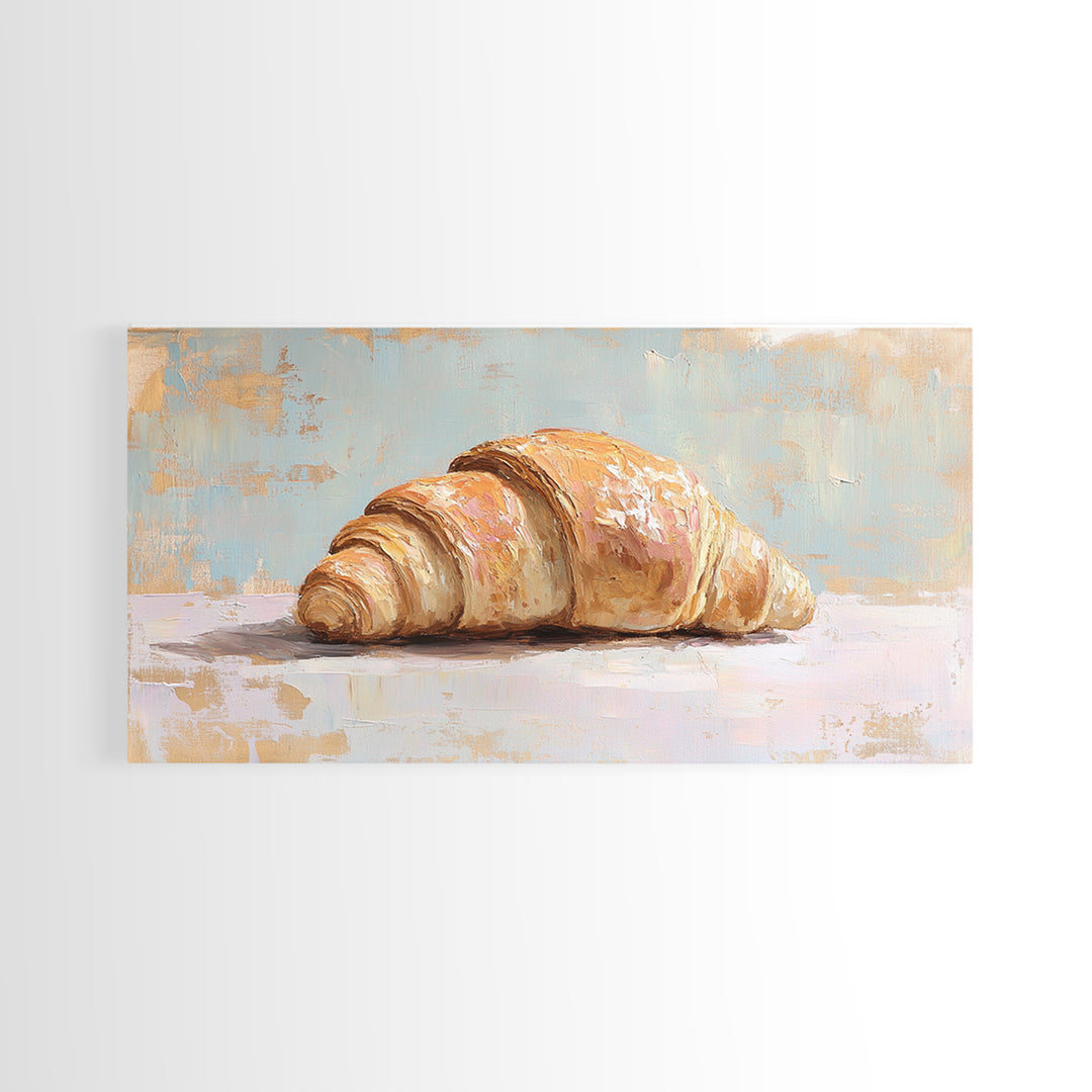 Golden Croissant On Pastel Table Canvas Print, French Bakery Wall Art, Kitchen Decor, Patisserie Print, Foodie Gift For Baker