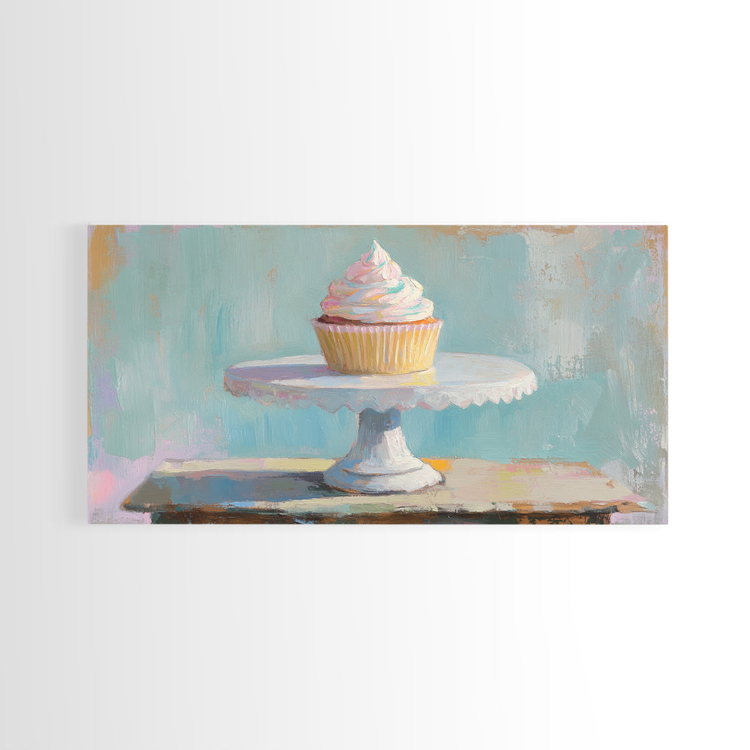 Pastel Cupcake On White Cake Stand Canvas Print, Cute Bakery Wall Art, Kitchen Decor, Dessert Art Print, Birthday Gift For Her