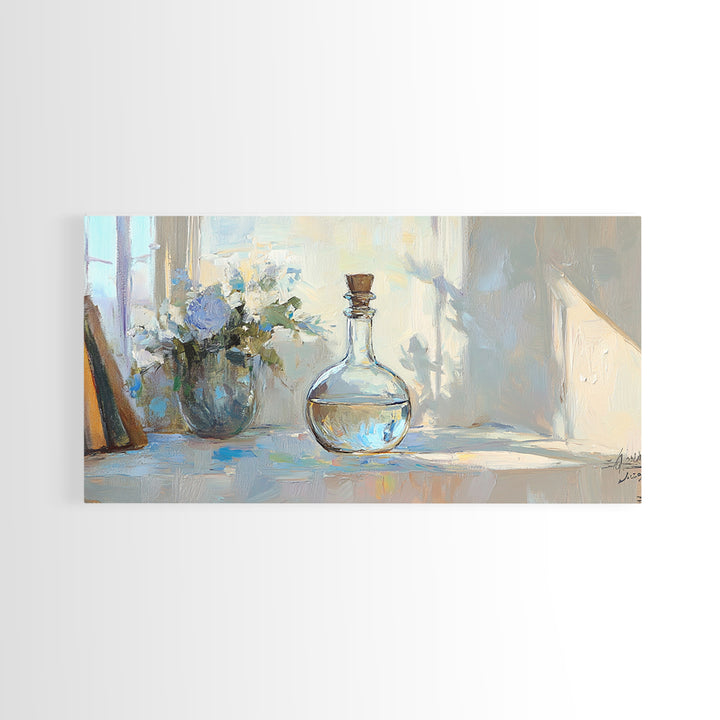 Sunlit Glass Decanter With Blue Flowers Framed Canvas Print, Impressionist Still Life, Neutral Home Decor, Dining Room Wall Art