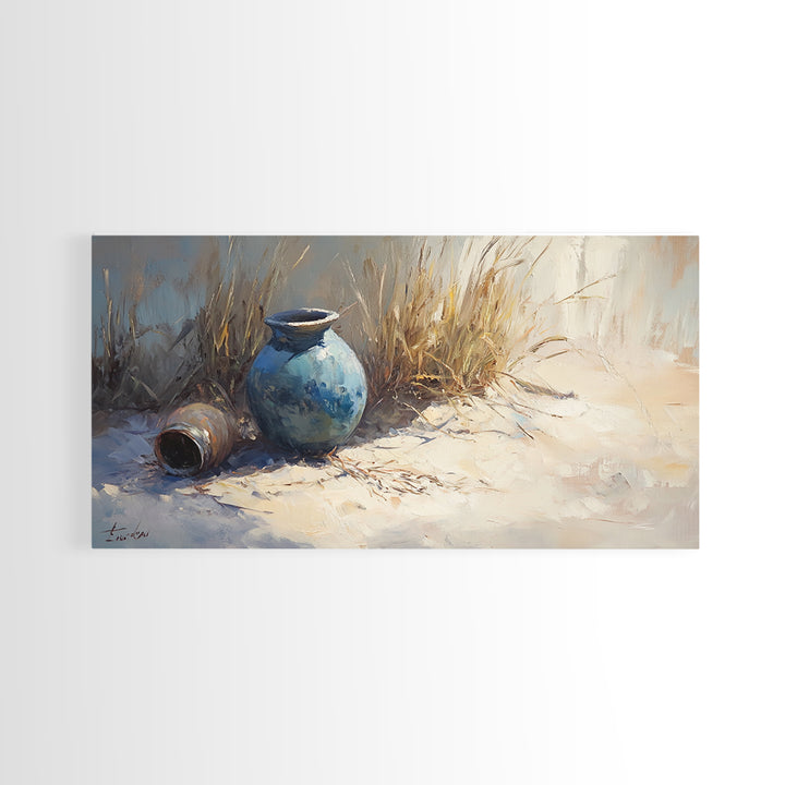 Blue Ceramic Vase In Sunlit Sand Wall Art, Coastal Still Life Canvas, Neutral Beach Decor, Rustic Home Decor, Housewarming Gift