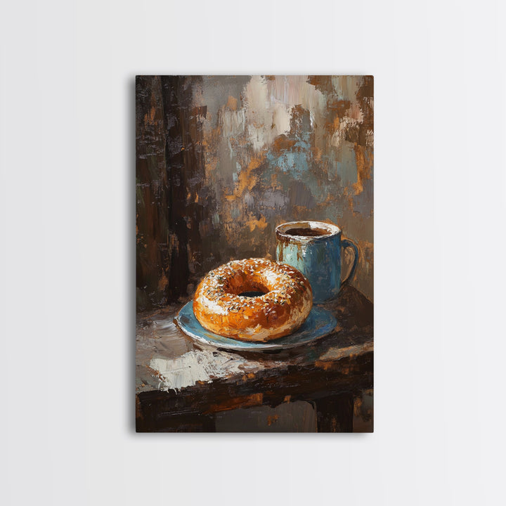 Rustic Coffee And Bagel Still Life Canvas Print, Cozy Kitchen Wall Art, Breakfast Nook Decor, Cafe Art Print Gift For Foodie