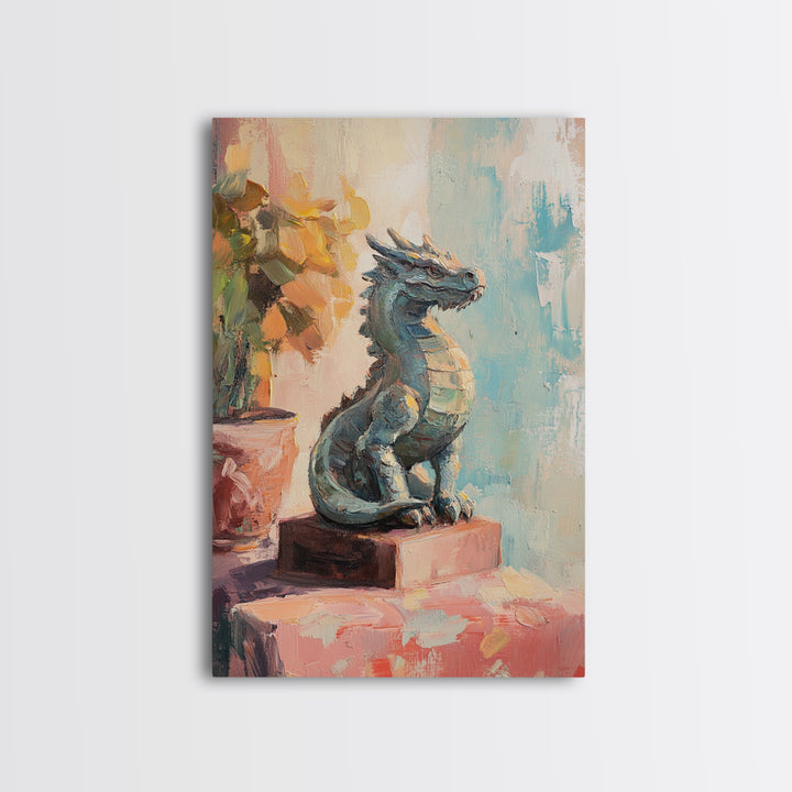 Blue Dragon Statue Fantasy Canvas Print, Whimsical Wall Art, Mythical Creature Nursery Decor, Kids Room Art, Unique Gift