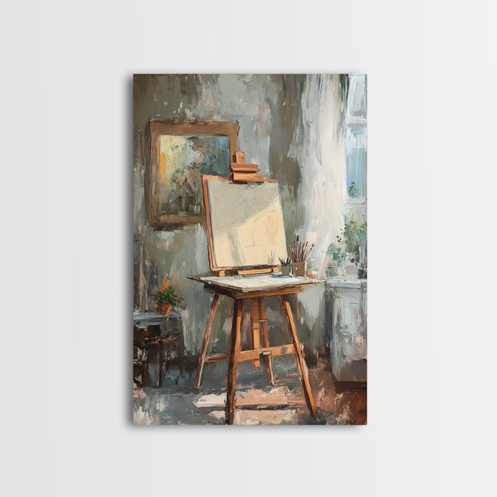 Sunlit Artist Studio Easel Framed Canvas Print, Office Wall Art, Creative Home Decor, Gift For Painter, Modern Wall Decor