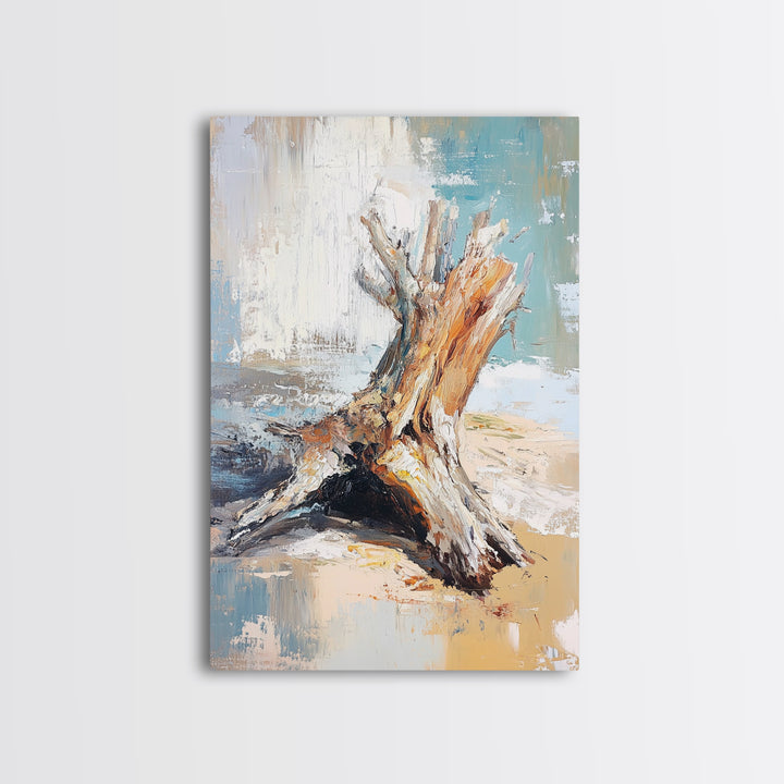 Textured Driftwood Stump On Sandy Shore Wall Art, Coastal Beach House Decor, Neutral Nature Print, Rustic Seaside Painting
