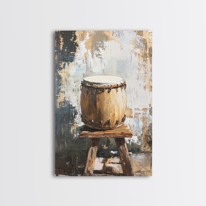 Rustic Hand Drum On Wooden Stool Canvas Print, Music Room Decor, African Inspired Art, Earth Tone Wall Decor, Gift For Him
