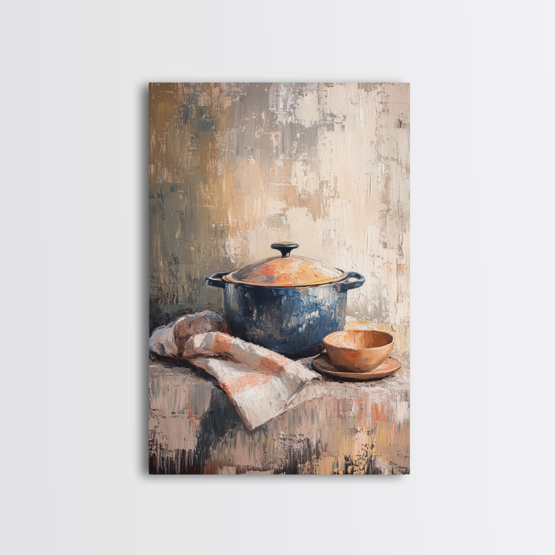 Blue Dutch Oven With Bread And Bowl Framed Canvas Print, Rustic Kitchen Wall Art, Farmhouse Decor, Cozy Still Life Painting