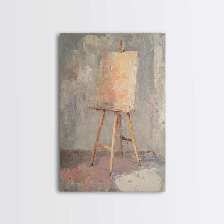 Empty Easel With Textured Blank Canvas Wall Art, Artist Studio Decor, Minimalist Neutral Art Print, Creative Office Gift