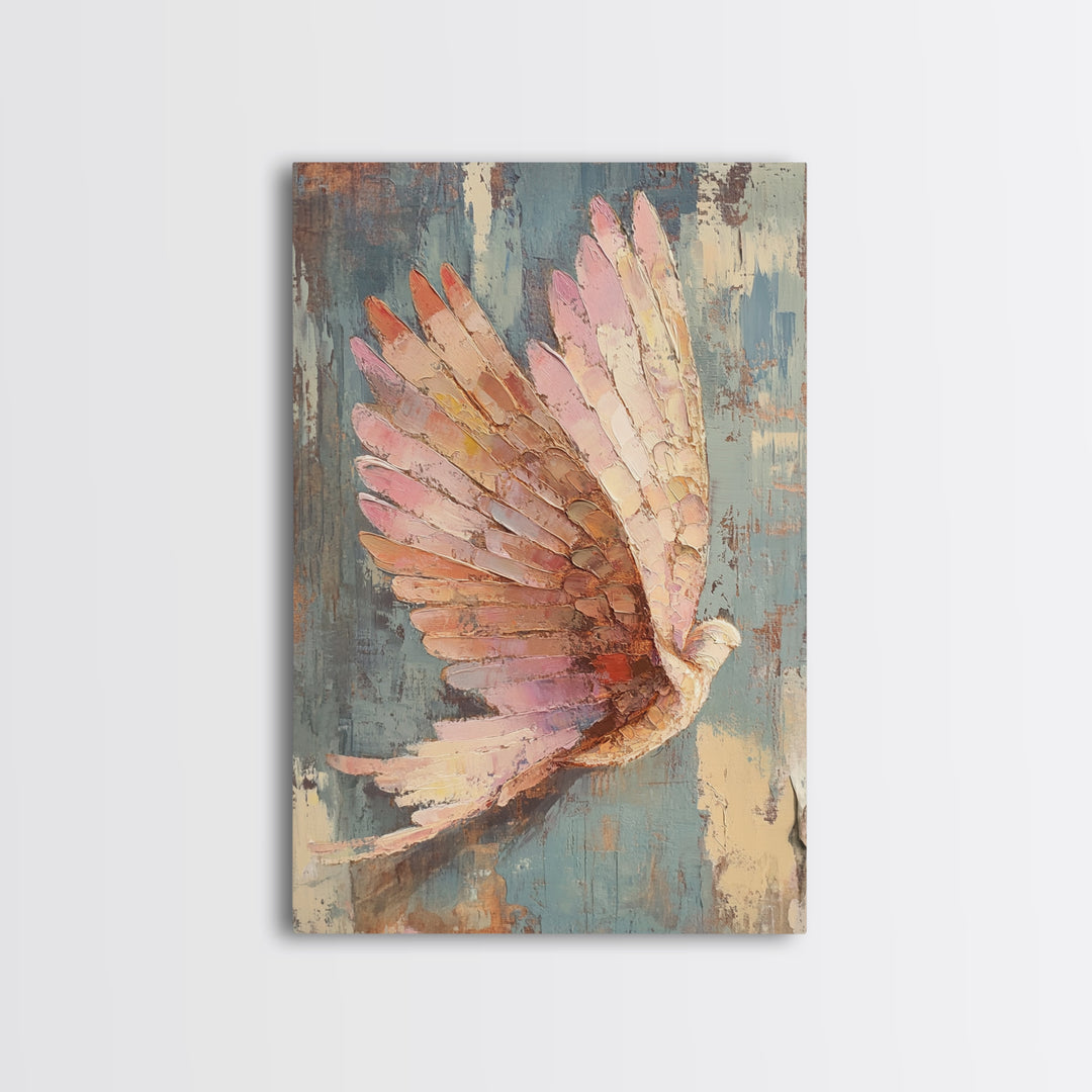 Pastel Dove In Flight With Textured Wings Wall Art, Peaceful Bird Painting, Spiritual Home Decor, Nursery Or Living Room Print