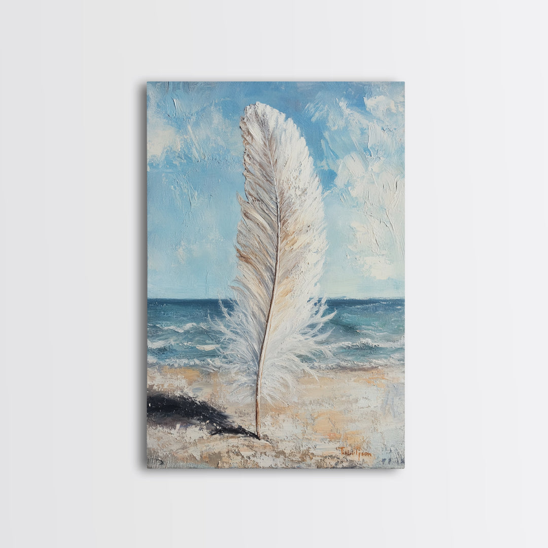 White Feather On Ocean Shore Canvas Print, Coastal Beach Wall Art, Serene Seascape Painting For Calm Bedroom And Beach House Decor