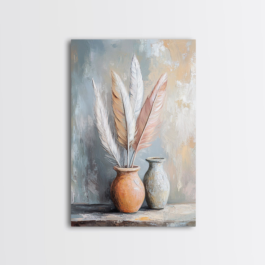 Soft Neutral Feathers In Ceramic Vases Framed Canvas Print, Boho Coastal Wall Art, Japandi Living Room Decor Gift For Bedroom