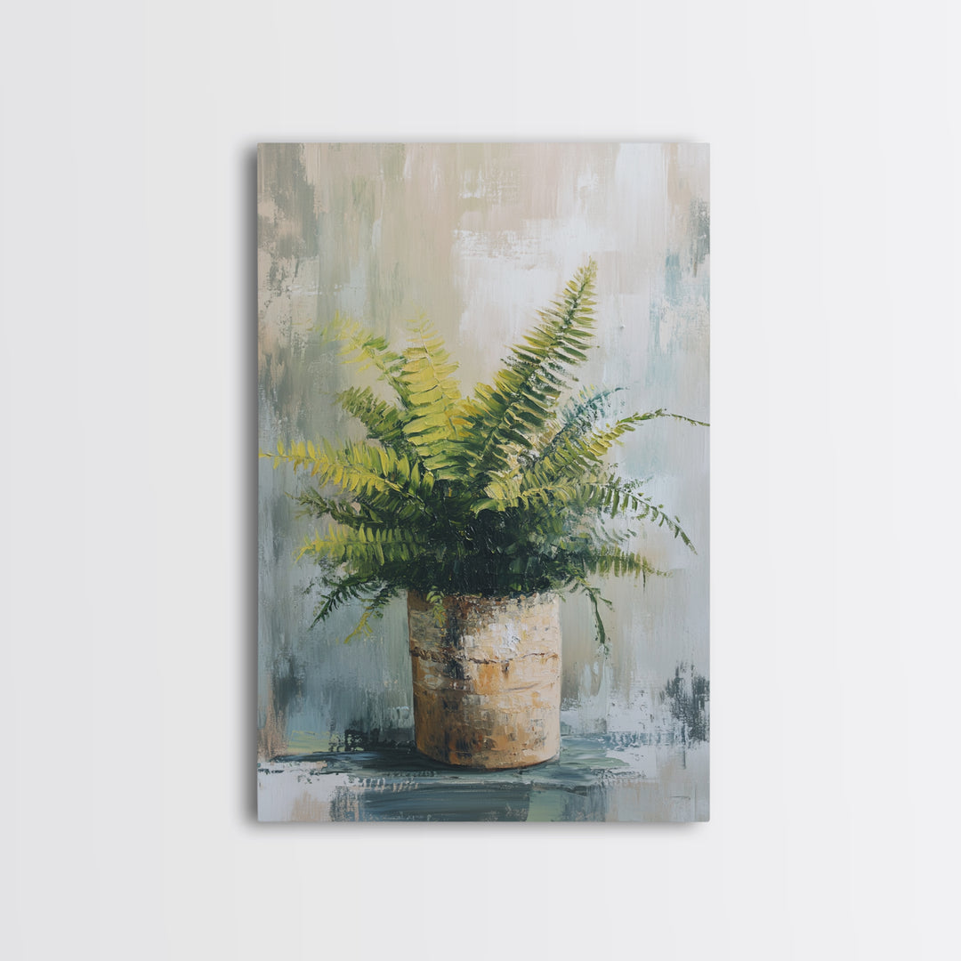 Green Fern In Rustic Pot Canvas Print, Botanical Wall Art, Neutral Plant Painting For Japandi Modern Home Decor Gift For Living Room