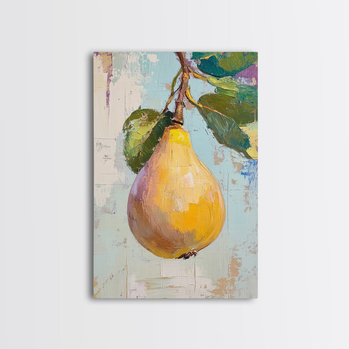 Golden Pear On Branch Canvas Print, Rustic Kitchen Wall Art, French Country Decor, Botanical Fruit Print, Housewarming Gift