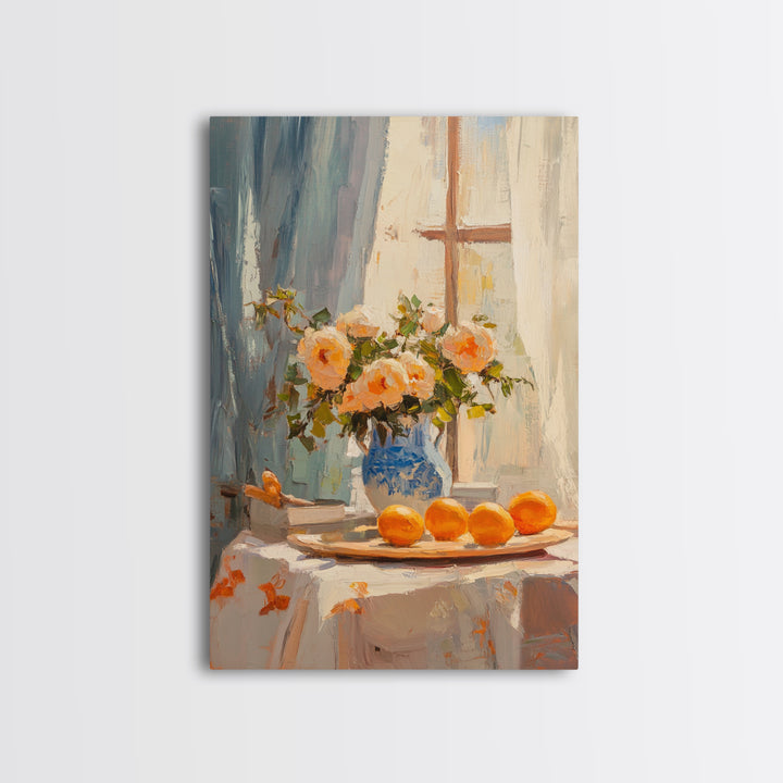 Peach Roses And Oranges By Window Framed Canvas Print, Kitchen Wall Art, French Country Decor, Floral Still Life Gift For Her