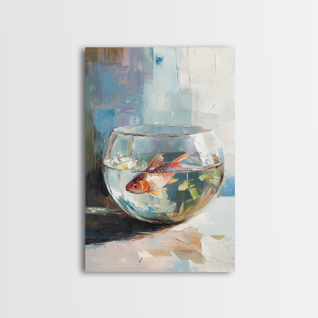 Goldfish In Glass Bowl Canvas Print, Aquatic Animal Wall Art, Coastal Bathroom Decor, Kids Room Art, Ocean Life Gift For Her