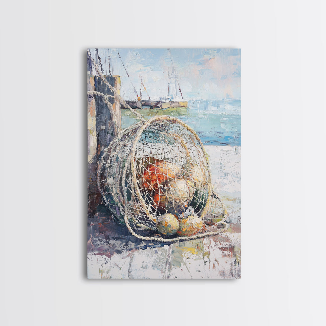 Fishing Net And Buoys By Harbor Wall Art, Coastal Wall Decor, Nautical Canvas Print, Beach House Decor, Ocean Art, Gift For Him