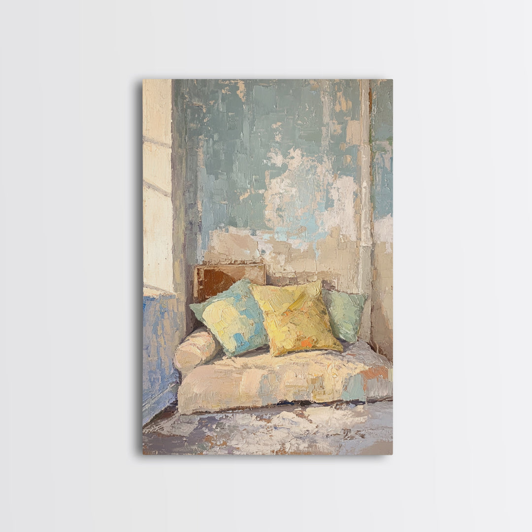 Sunlit Sofa With Pastel Pillows Wall Art, Cozy Bedroom Decor, Neutral Living Room Art, Apartment Decor, Housewarming Gift