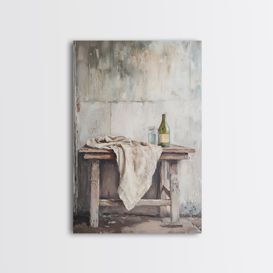 Rustic Wine Bottle And Linen On Weathered Table Framed Canvas Print, Neutral Farmhouse Kitchen Wall Decor Gift For New Home