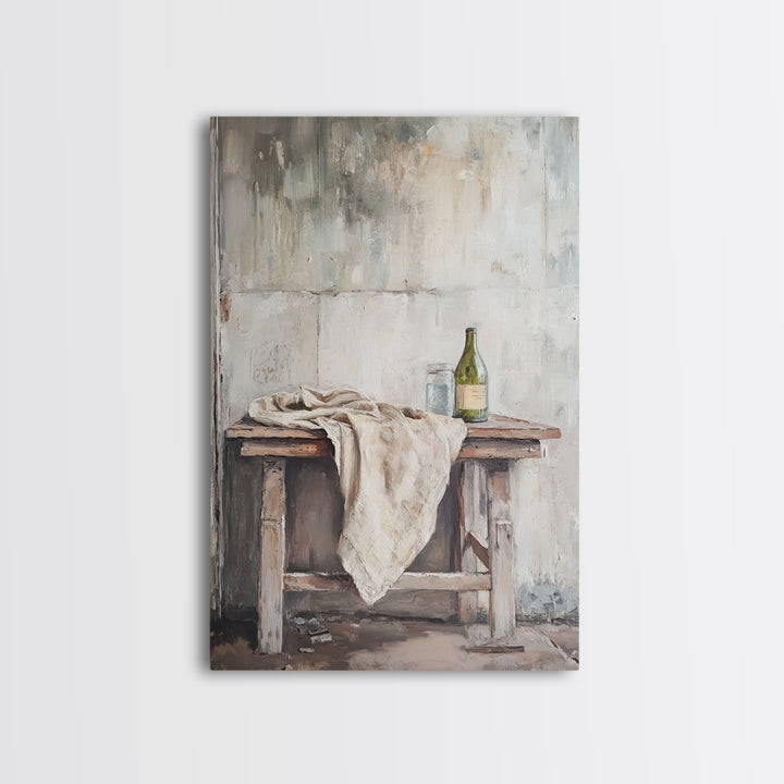 Rustic Wine Bottle And Linen On Weathered Table Framed Canvas Print, Neutral Farmhouse Kitchen Wall Decor Gift For New Home