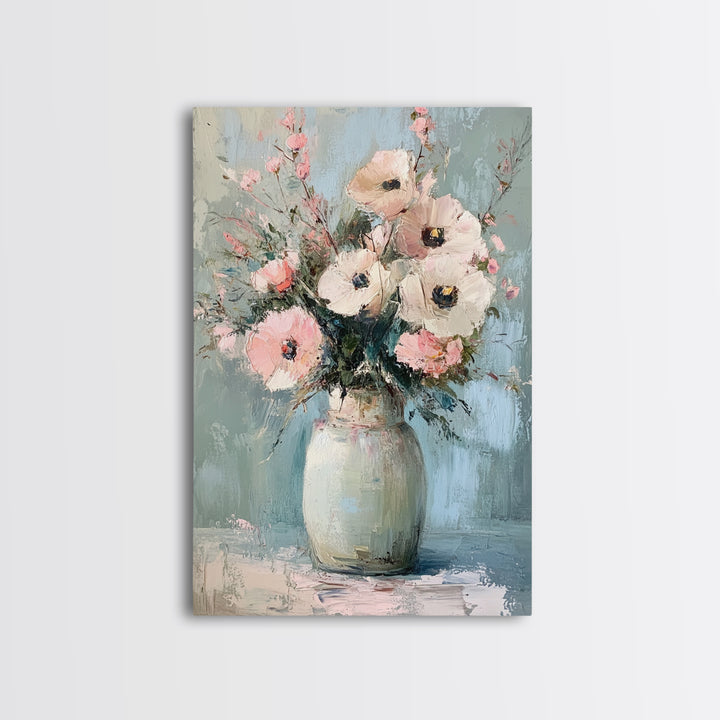 Soft Pink Poppies In Pale Ceramic Vase Wall Art, Textured Floral Canvas Print, Feminine Bedroom Decor Romantic Gift For Her