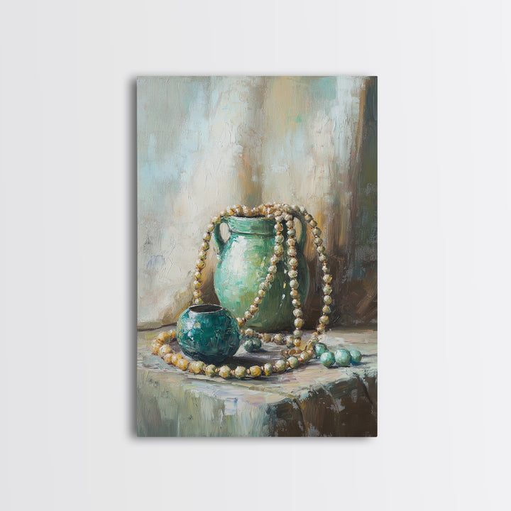 Turquoise Vases With Pearl Beads Still Life Wall Art, Elegant Framed Canvas Print For Bedroom Office Decor Gift For Her