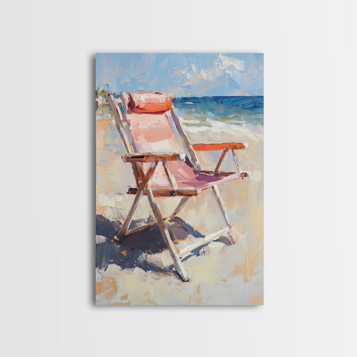 Pink Beach Chair Beside Blue Ocean Canvas Print, Coastal Wall Art For Beach House Decor, Summer Living Room Gift For Her