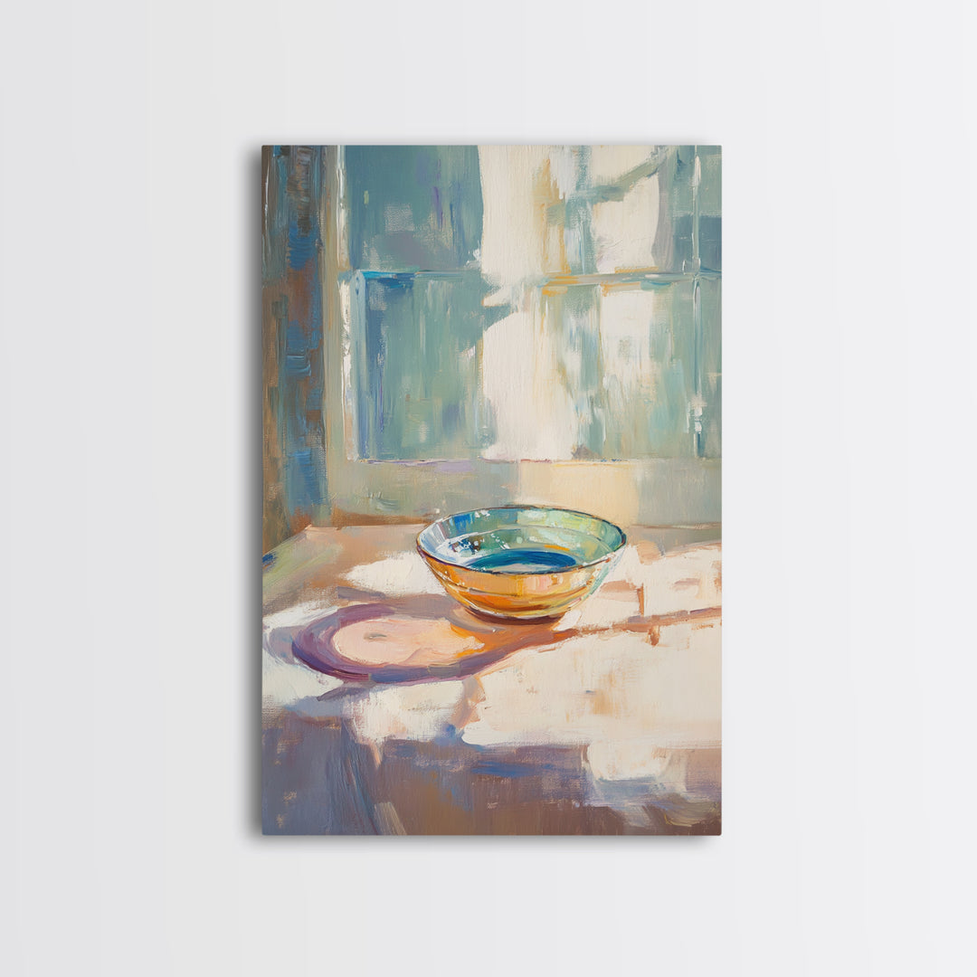 Sunlit Glass Bowl By Window Wall Art, Minimalist Still Life Print, Soft Blue Kitchen Decor, Modern Coastal Home Decor Gift