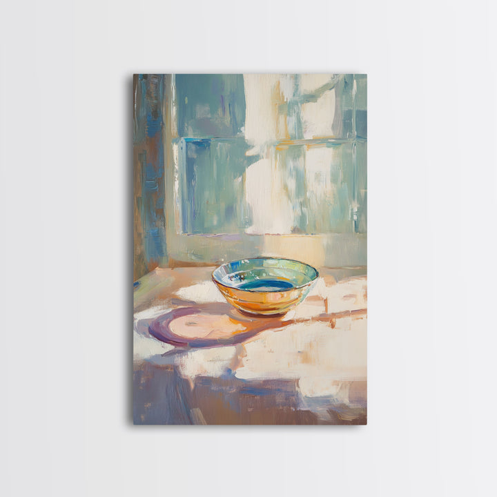 Sunlit Glass Bowl By Window Wall Art, Minimalist Still Life Print, Soft Blue Kitchen Decor, Modern Coastal Home Decor Gift
