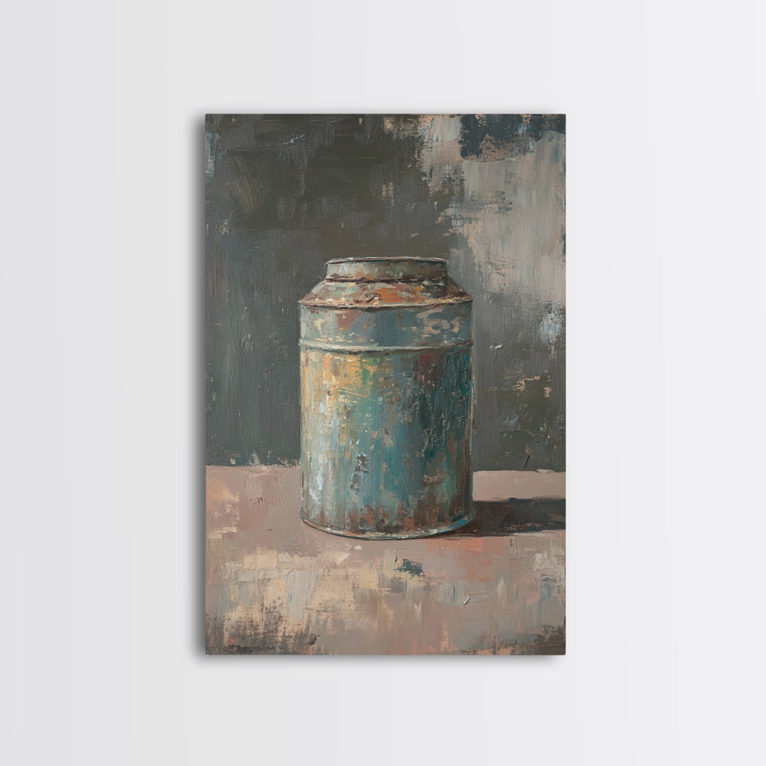 Rustic Blue Tin Can Still Life Canvas Print, Wabi Sabi Wall Art, Industrial Farmhouse Decor, Neutral Kitchen Print Home Decor