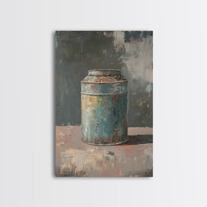 Rustic Blue Tin Can Still Life Canvas Print, Wabi Sabi Wall Art, Industrial Farmhouse Decor, Neutral Kitchen Print Home Decor