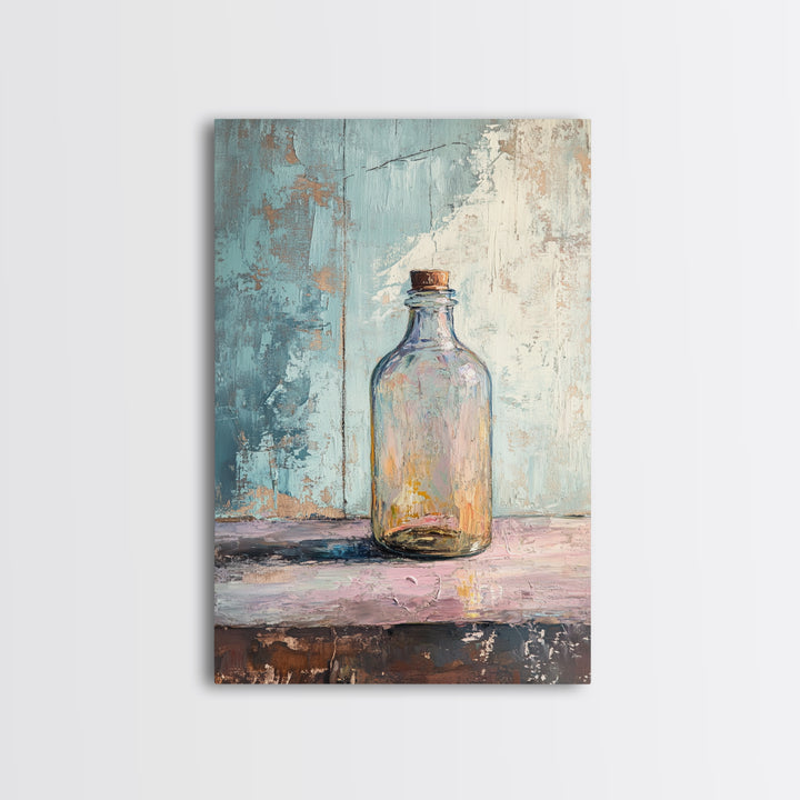 Iridescent Glass Bottle On Blue Plaster Wall Art, Minimalist Still Life Print, Wabi Sabi Kitchen Decor, Modern Home Gift
