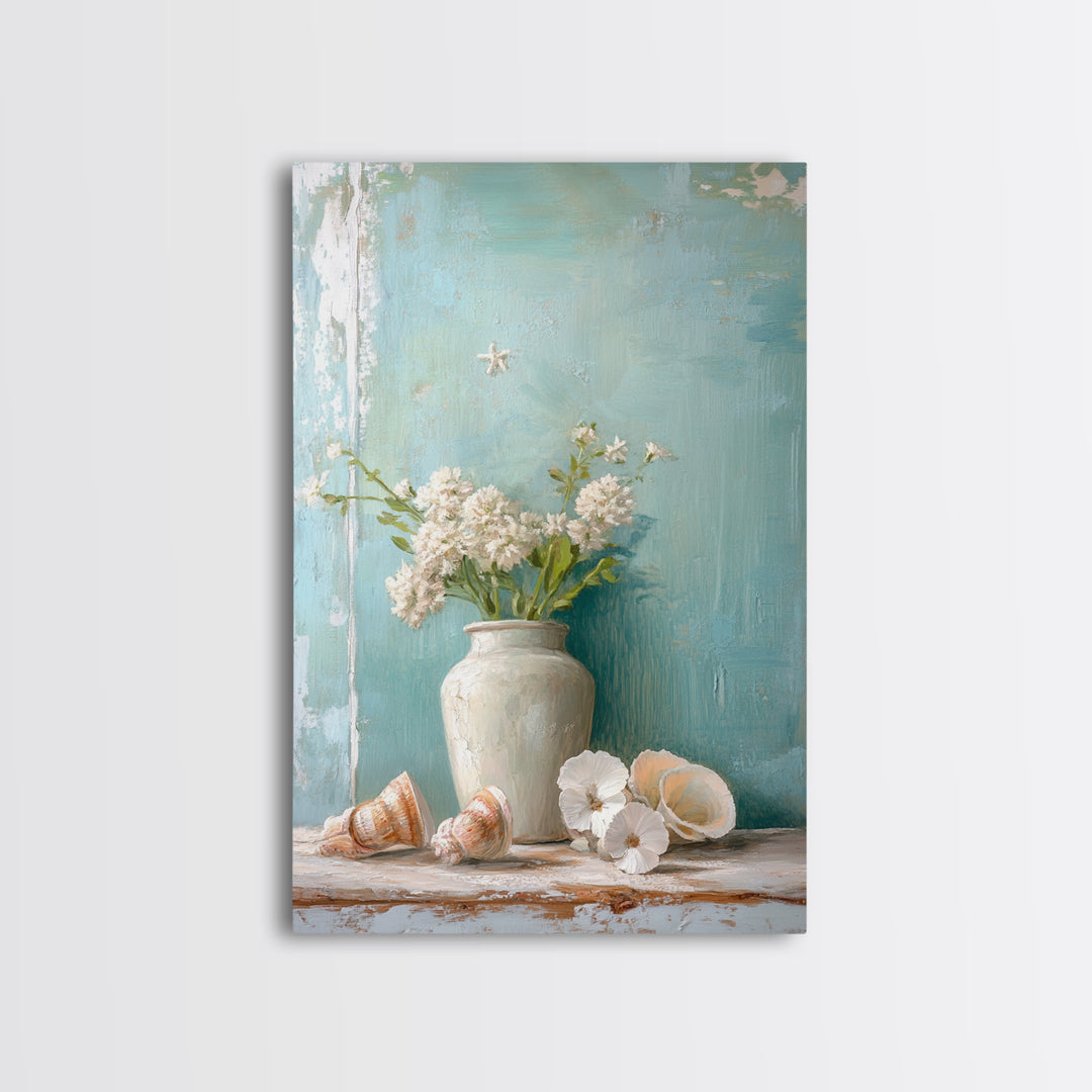 White Hydrangea Vase With Seashells Framed Canvas Print, Coastal Wall Art, Beach House Decor, Soft Neutral Home Decor, Bathroom Wall Decor