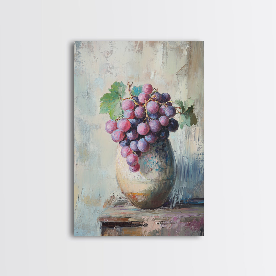 Purple Grapes In Rustic Ceramic Vase Wall Art, Vineyard Still Life Oil Painting, Wine Kitchen Decor, Farmhouse Canvas Print
