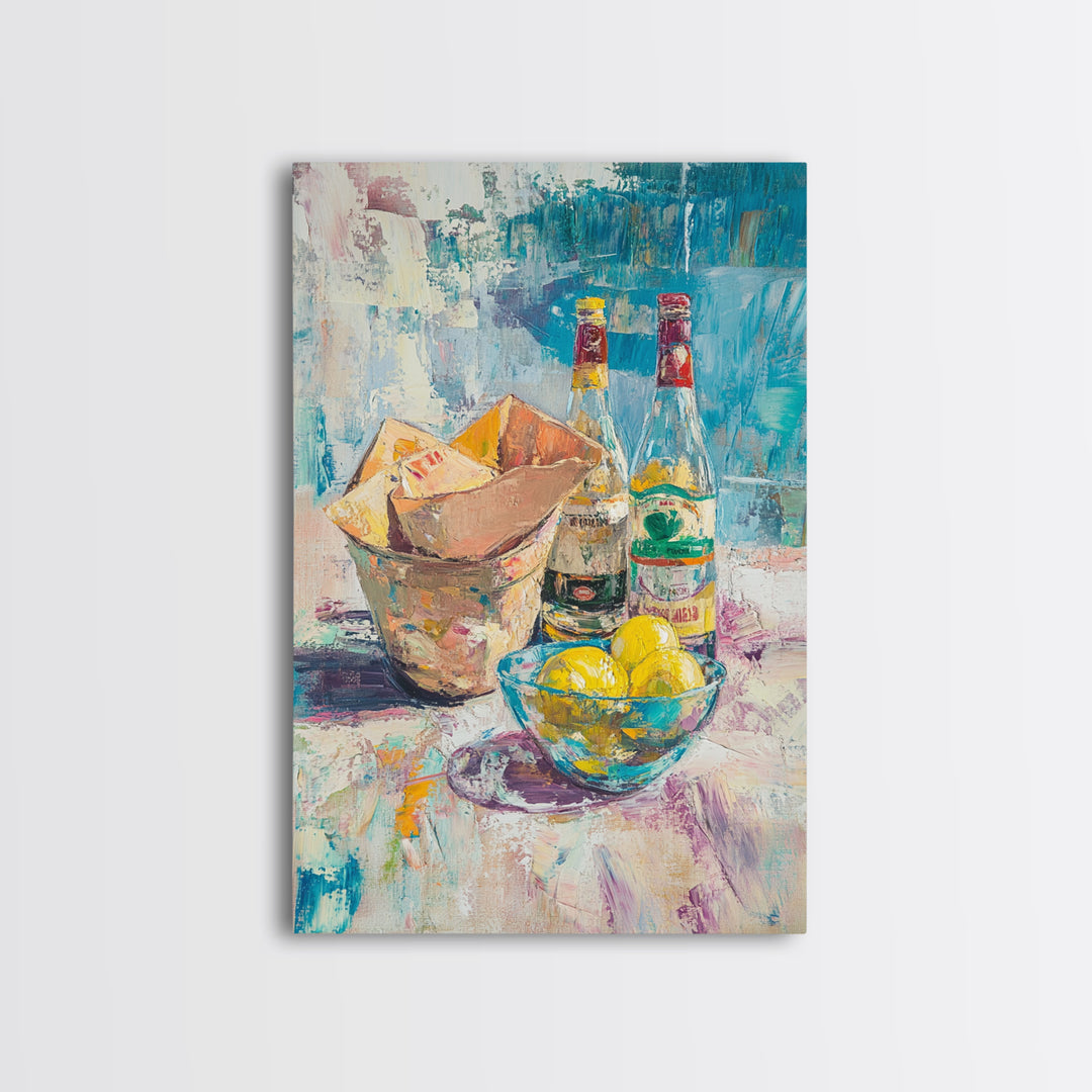 Bottles Lemons And Ice Bucket Canvas Print, Colorful Bar Cart Wall Art, Cocktail Kitchen Decor, Eclectic Dining Room Print